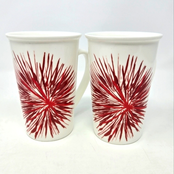 STARBUCKS SET OF 2 RED STARBURST FIREWORKS WHITE COFFEE CUP MUG RETIRED 2014 - Picture 1 of 12